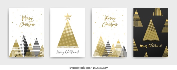 Set of cards with Christmas trees. White, black and gold colors. Abstract vector texture. Merry Christmas text. Vector illustration