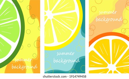 Set of cards with citrus fruits on a colored background with text. Lemon, lime and orange - colorful, creative and abstract background. Set of vector illustration templates for design of cards