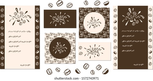 Set of cards for the coffee shops or cofeteries with lettering and coffee beans. Design for cards, labels, menues. Square and rectangular cards.