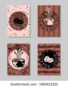 A set of cards with coffee and the text "Coffee shop". Grains and a cup of aromatic coffee. Template, promotional material, sticker, banner, poster. Vector illustration.