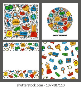 Set of cards with colored doodle online shopping icons isolated on grey background. Composition, poster and seamless pattern.