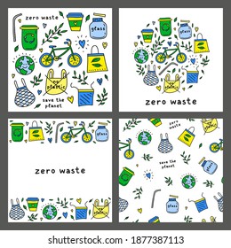 Set of cards with colored doodle zero waste icons isolated on grey background. Composition, poster and seamless pattern.