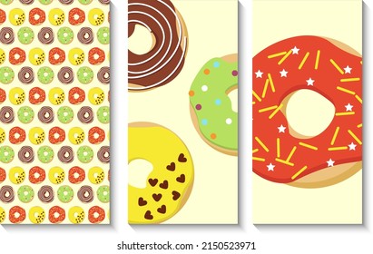 Un juego de cartas con donuts coloridos. Ilustración vectorial en un fondo de color. Para menús, cafés, volantes, impresiones y empaques, tiendas y mercados, volantes y postales.