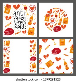 Set of cards with colorful doodle anti Valentine's day icons isolated on grey background. Composition, poster and seamless pattern.