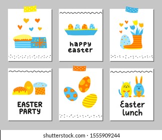 Set of cards with colorful doodle Easter icons and lettering isolated on grey background.