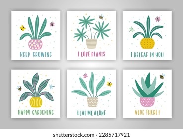 Set of cards with colorful plants in the pots. Home flower collection. Happy gardening, Keep growing, Aloe there, Leaf me alone lettering quotes. EPS 10 vector houseplant hand drawn flat illustration.