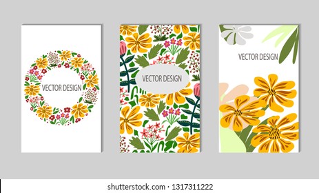 Set of cards, congratulation, flat style, floral design, hand-drawing, vector