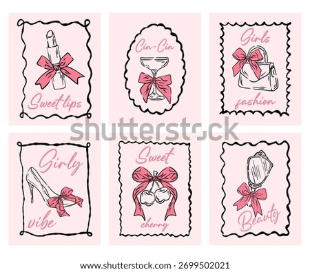 Set cards in coquette style with different girl elements. Set of posters, postcards or tags. Line art shoe, cherry and lipstick.