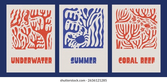 Set of cards or covers with Sea creatures silhouettes. Posters with crab, starfish, coral and exotic fish. Underwater and sea life concept. Hand draw vector illustrations with vintage paper texture.