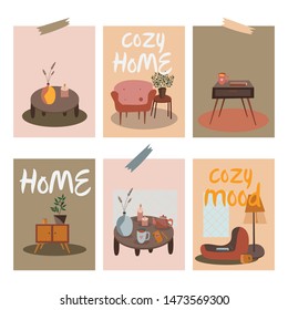 A set of cards with cozy furniture for an apartment with decorative elements. In a Scandinavian cozy style. Vector illustration.