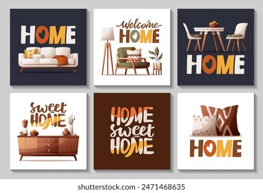 Set of cards with cozy sofa, armchair, dining table, tv stand, interior decor. Handwritten lettering. Vector illustration for postcard, poster, card.