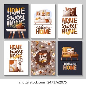 Set of cards with cozy sofa, armchair, dining table, pillows, interior decor. Handwritten lettering. Vector illustration for postcard, poster, card.