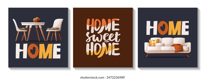 Set of cards with cozy sofa, dining table. Handwritten lettering. Vector illustration for postcard, poster, card.