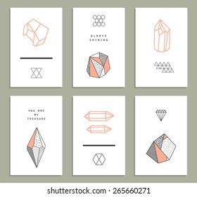 Set of cards with crystals. Geometric shapes. Trendy hipster retro backgrounds and logotypes.