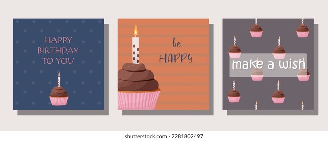 Set of cards with cupcakes. Delicious cupcakes with cream. Birthday cards. Save the date. Invitation to a holiday