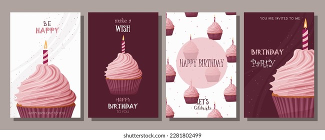 Set of cards with cupcakes. Delicious cupcakes with cream. Birthday cards. Save the date. Invitation to a holiday