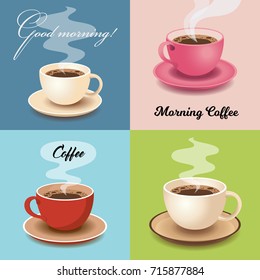 Set of Cards with Cups of Fresh Morning Coffee. Vector Illustration. Flat Style. Decorative Design for Cafeteria, Posters, Banners, Cards