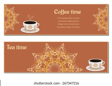 Set of  cards with cups,  ornate eastern round elements