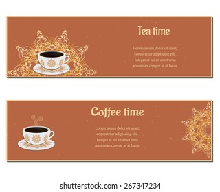 Set of  cards with cups,  ornate eastern round elements