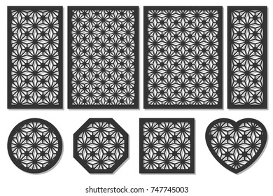 Set cards cut. Vector panels laser cutting. Ratio 1:2, 2:3, 3:4, 1:3, round, octagon, square, heart. Cut silhouette geometric patterns. Used openwork partitions, panel, printing, laser cut, stencil.