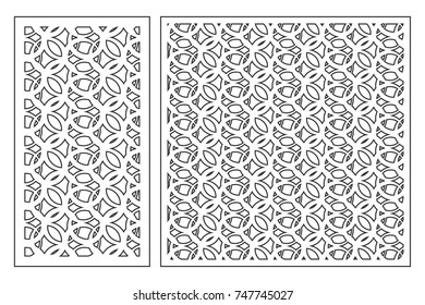 Set of cards to cut. Vector panels for laser cutting. The ratio 1:2, 1:1. Cut silhouette with geometric patterns. Used for openwork partitions, panels, printing, laser cutting, stencil.