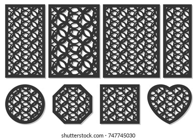 Set cards cut. Vector panels laser cutting. Ratio 1:2, 2:3, 3:4, 1:3, round, octagon, square, heart. Cut silhouette geometric patterns. Used openwork partitions, panel, printing, laser cut, stencil.