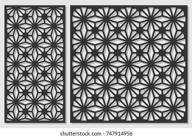 Set of cards to cut. Vector panels for laser cutting. The ratio 1:2, 1:1. Cut silhouette with geometric patterns. Used for openwork partitions, panels, printing, laser cutting, stencil.