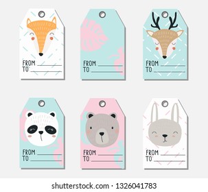 Set of cards with cute animals deer, Fox, hare, bear and Panda. Vector illustration for printing on stickers, labels, postcards. Summer and winter design for poster, advertising banner.
