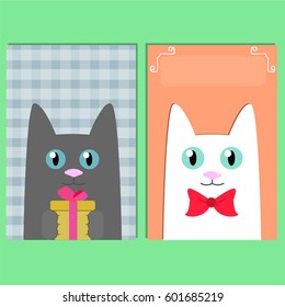 Set of cards with cute animals. Funny cats with gifts.