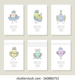 Set cards with cute birds in different actions.