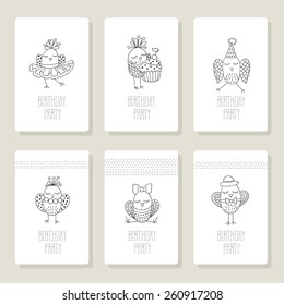Set cards with cute birds in different actions.