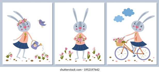 A set of cards with a cute bunny. The hare rides a bicycle, pours strawberries with a watering can, collects a bouquet of flowers.