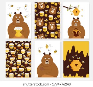 Set of cards with cute cartonn bear holding a honey jar, beehive, flying bees, patterns. Vector illustration