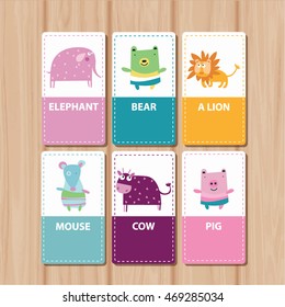 A set of cards with cute cartoon animal. Cards for children. Education and training of memory.