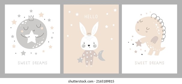 Set of cards with cute cartoon characters and phrases. Childish background with moon, stars, cloud, rabbit, dino. Vector illustration