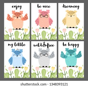 Set of cards with cute cartoon owls, different characters. Illustrations for  cards, posters, cards.