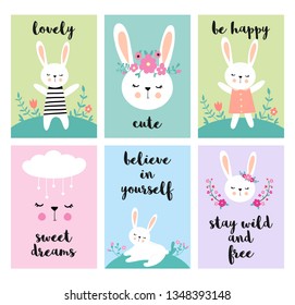 Set of cards with cute cartoon rabbits, different characters. Illustrations for  cards, posters, cards.
