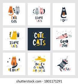 Set cards with cute cats. Kids print. Vector illustrations