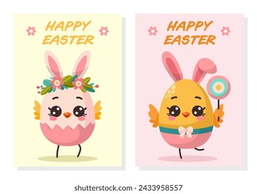 Set of cards with cute characters Easter eggs. Happy Easter Celebration.Traditional design element for holiday. Vector illustration isolated on white background for banner, card, website, poster.