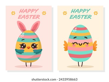 Set of cards with cute characters Easter eggs. Happy Easter Celebration.Traditional design element for holiday. Vector illustration isolated on white background for banner, card, website, poster.