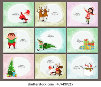 Set of cards with cute characters and elements for Merry Christmas celebration.