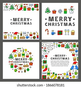 Set of cards with cute colored doodle Christmas and New Year icons including snowman, fir tree, presents, socks, champagne, snowflakes, candy cane, panettone, garland, etc.