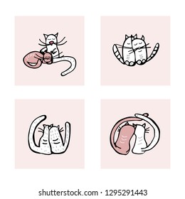 Set of cards with cute couple of cats in doodle style. Happy Valentines Day greeting card templates. Vector illustration.