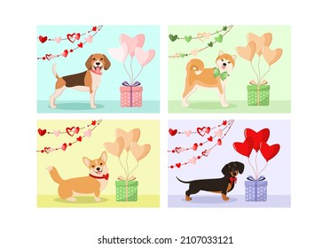 A set of cards with cute dogs. Balloons in the shape of a heart. Valentine's day. Cartoon design.
