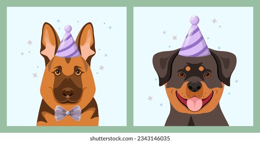 A set of cards with cute dogs. Cartoon style.