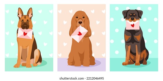 A set of cards with cute dogs and envelopes. Cartoon design.