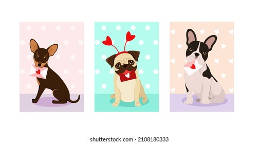 A set of cards with cute dogs for Valentine's Day. Cartoon design.
