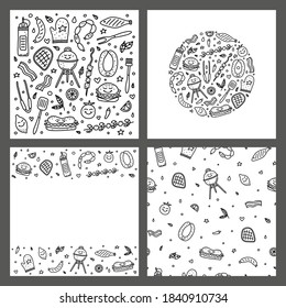 Set of cards with cute doodle outline barbecue and picnic icons, lines, swirls, symbols around isolated on grey background.