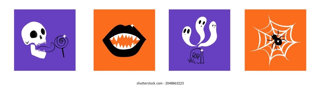 A set of cards with a cute ghost.Halloween concept. Cute cartoon creepy characters.
