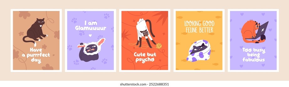 Conjunto de tarjetas con lindos gatos tontos y frases cómicas. Carteles con gatitos divertidos. Los gatitos traviesos se divierten, jugando. Postales con mascotas adorables, animales domésticos divertidos. Ilustraciones vectoriales planas